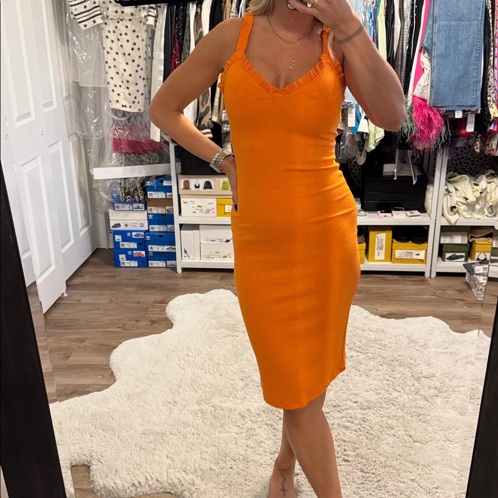 Zara Bright Orange Ribbed Textured Ruffle Dress - Picture 11 of 11